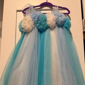 Blue & White Tulle Pom-Pom Dress- Toddler Size 5 | Princess Tutu Dress